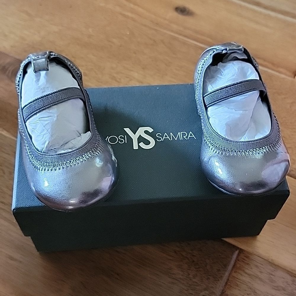 Yosi Samra Metallic Silver Girls Mary Jane Ballet Flats